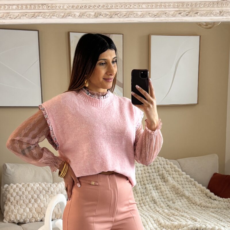 Top rose en dentelle transparent à manches longues - MELBY