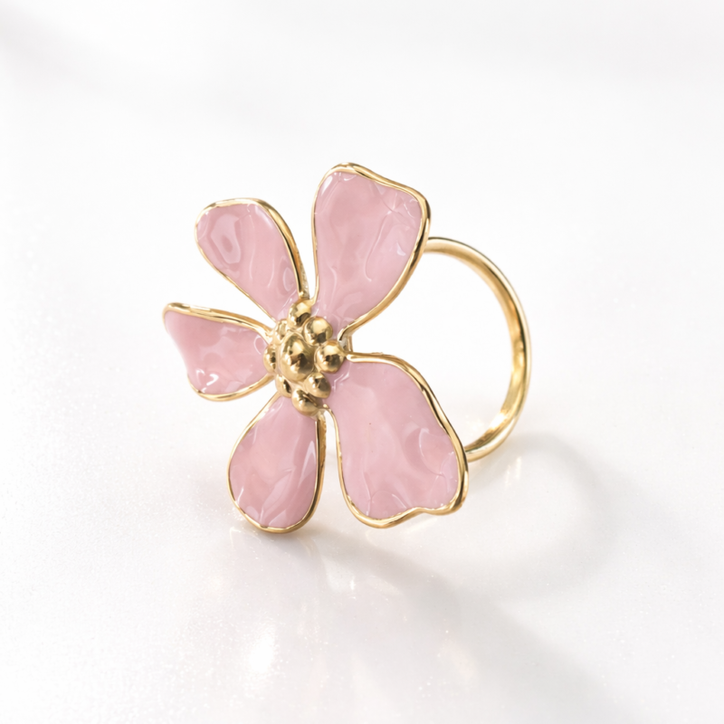 Bague fleur rose en acier inoxydable TU