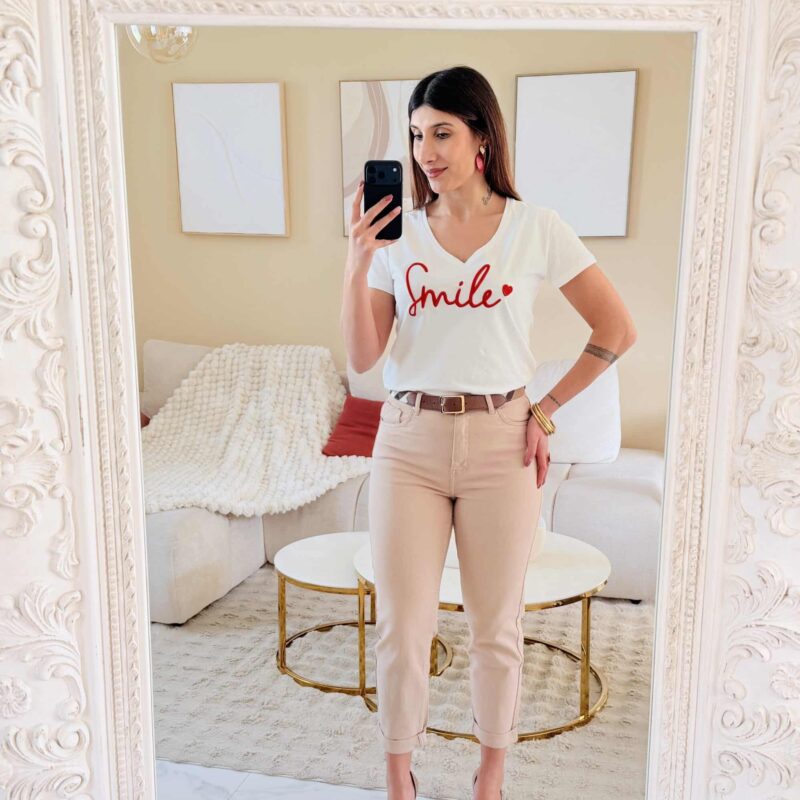 MELBY - tee shirt blanc col V SMILE