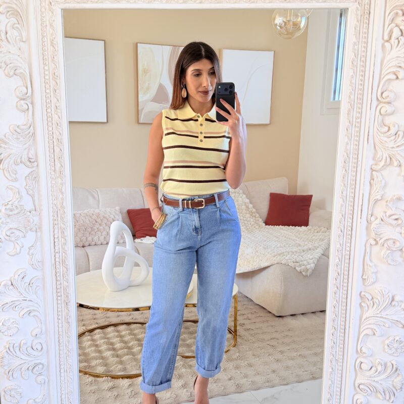 MELBY - Top jaune style polo sans manche avec rayures marron