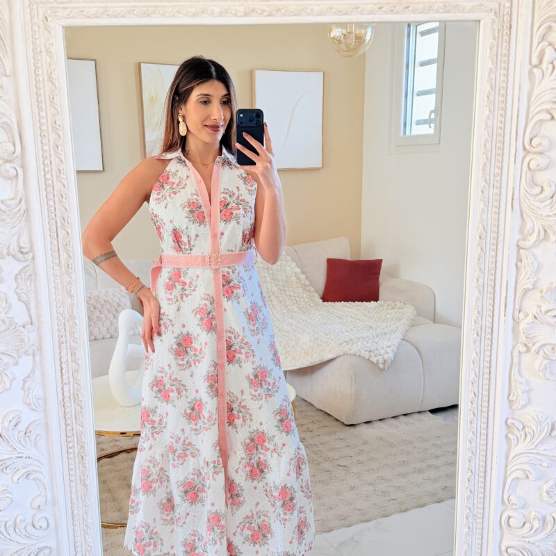 MELBY - Longue robe blanche doublée avec rose blanche