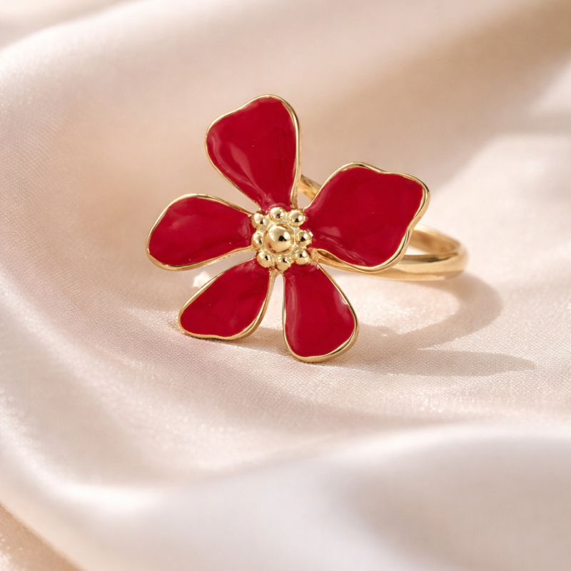 MELBY - Bague en forme de fleur rouge foncé, en acier inoxydable