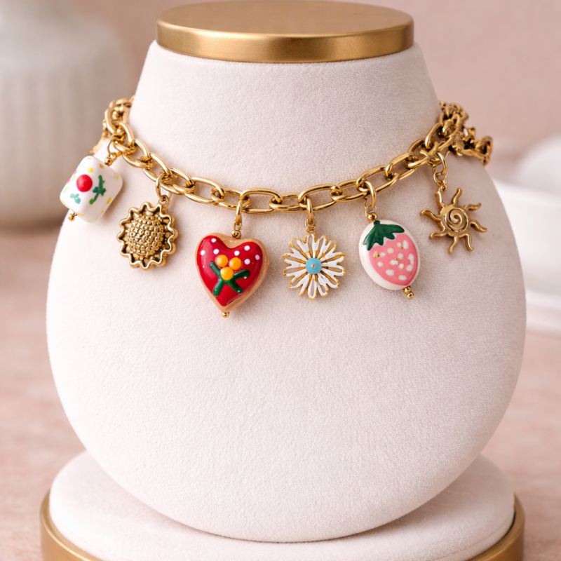 MELBY - Bracelet pendentif fraise et fleur