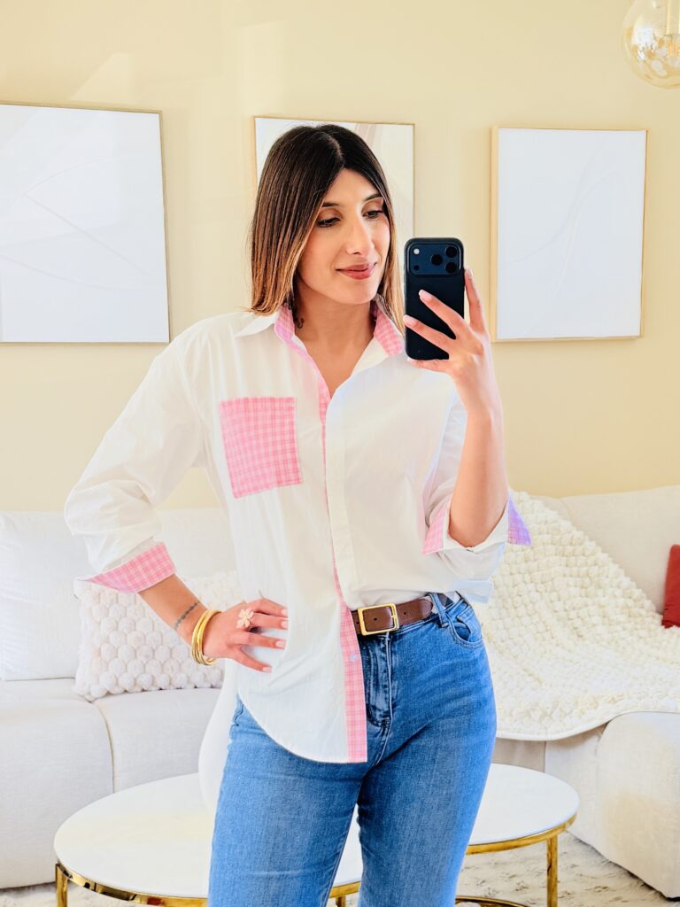 MELBY - Jolie chemise longue avec poche rose et détails boutons et manches rose