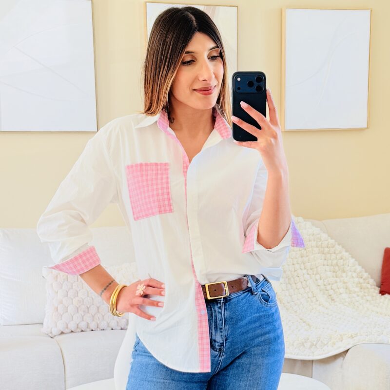 MELBY - Jolie chemise longue avec poche rose et détails boutons et manches rose