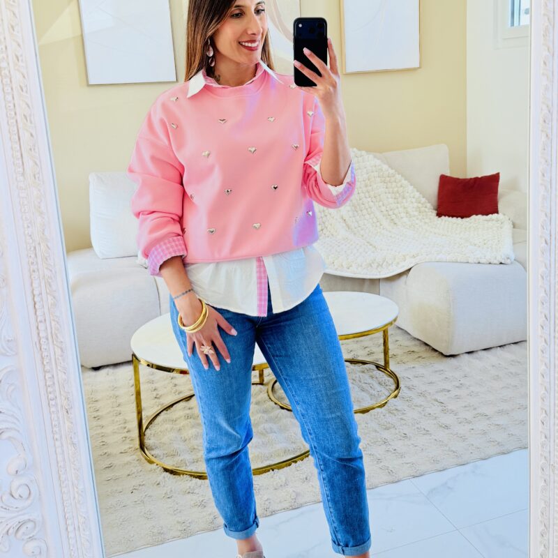 MELBY - Pull rose bonbon avec coeur gris métallisé