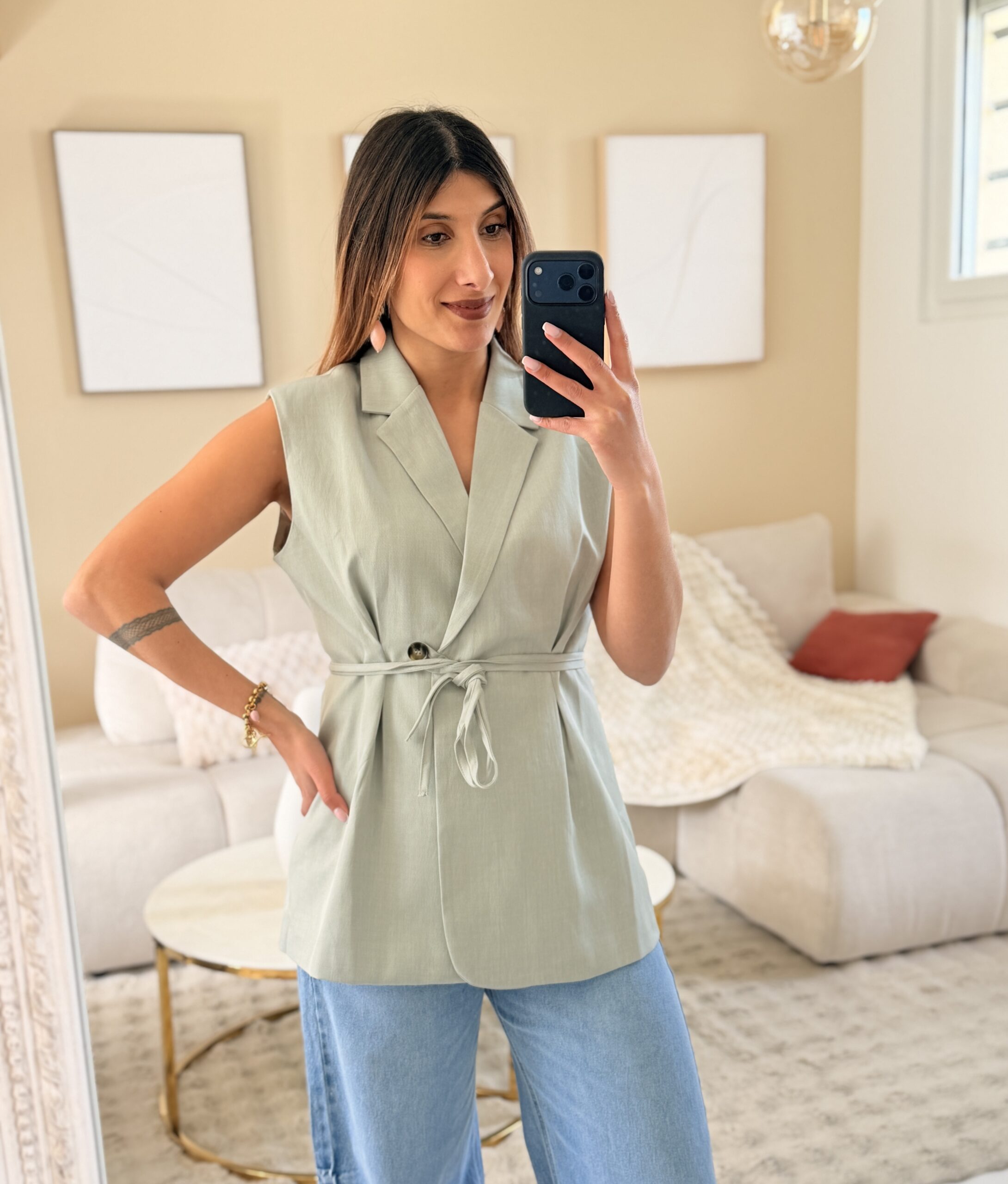 Blazer élégant avec ceinture sans manches couleur vert d'eau – Image 3