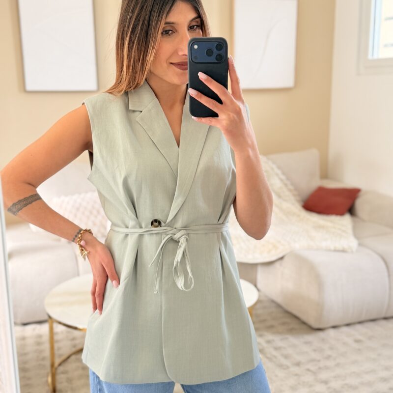 MELBY - Joli blazer ceinturé vert d'eau