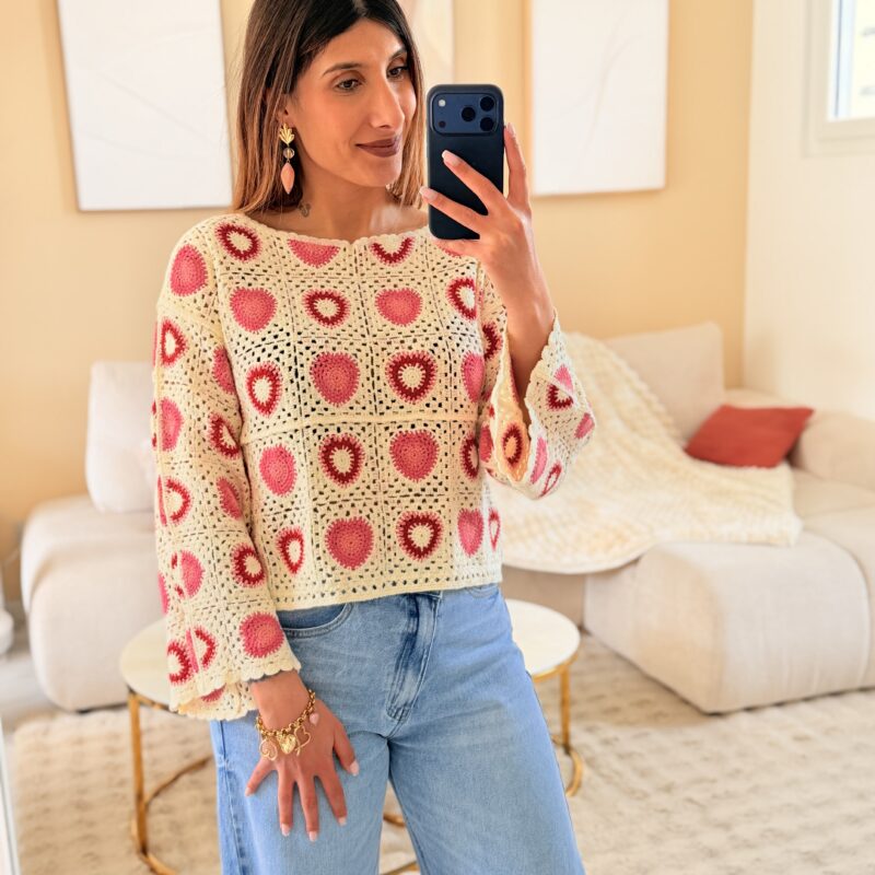 MELBY - Pull en maille motifs coeurs rose et rouge, pour sublimer vos tenues