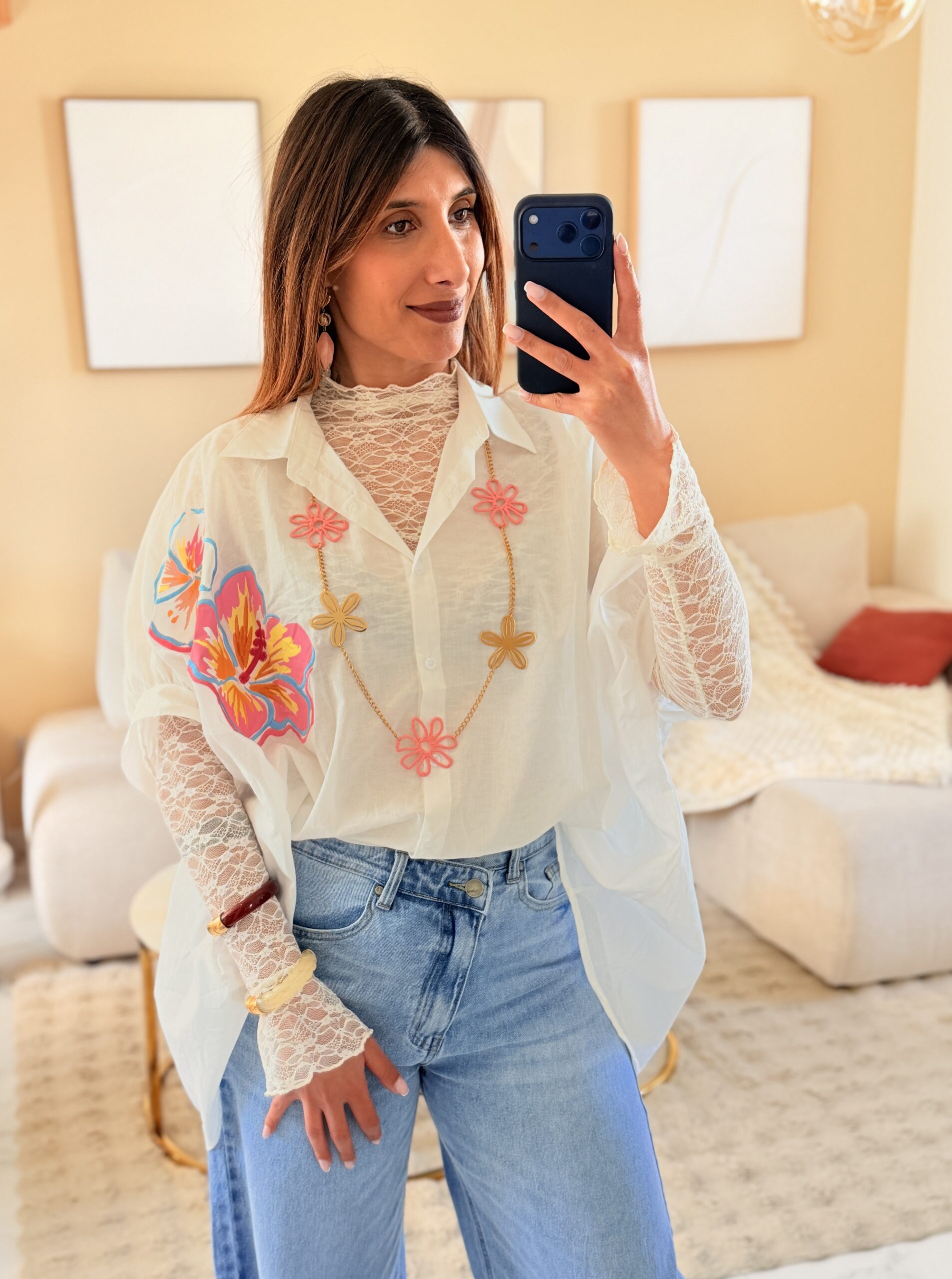 MELBY - Bouse DOLCE FLORA blanche à motifs