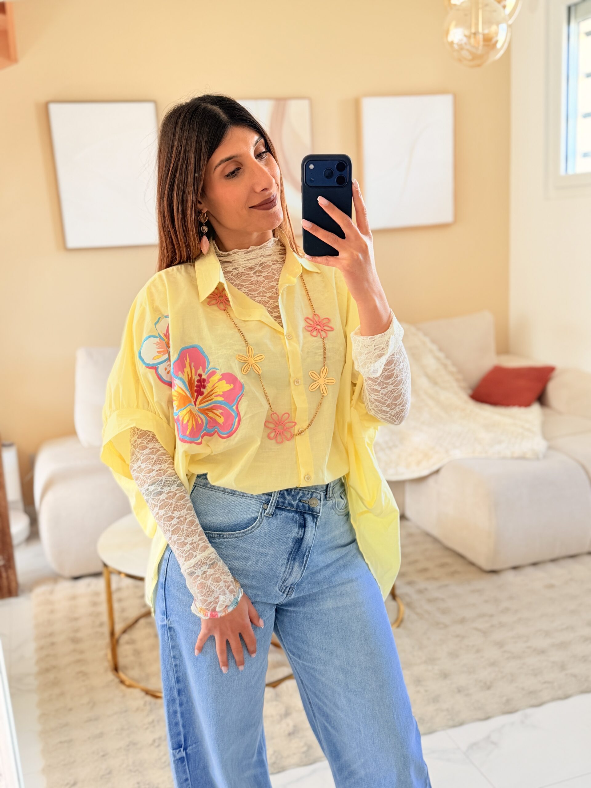 MELBY - Blouse large jaune motifs fleurs