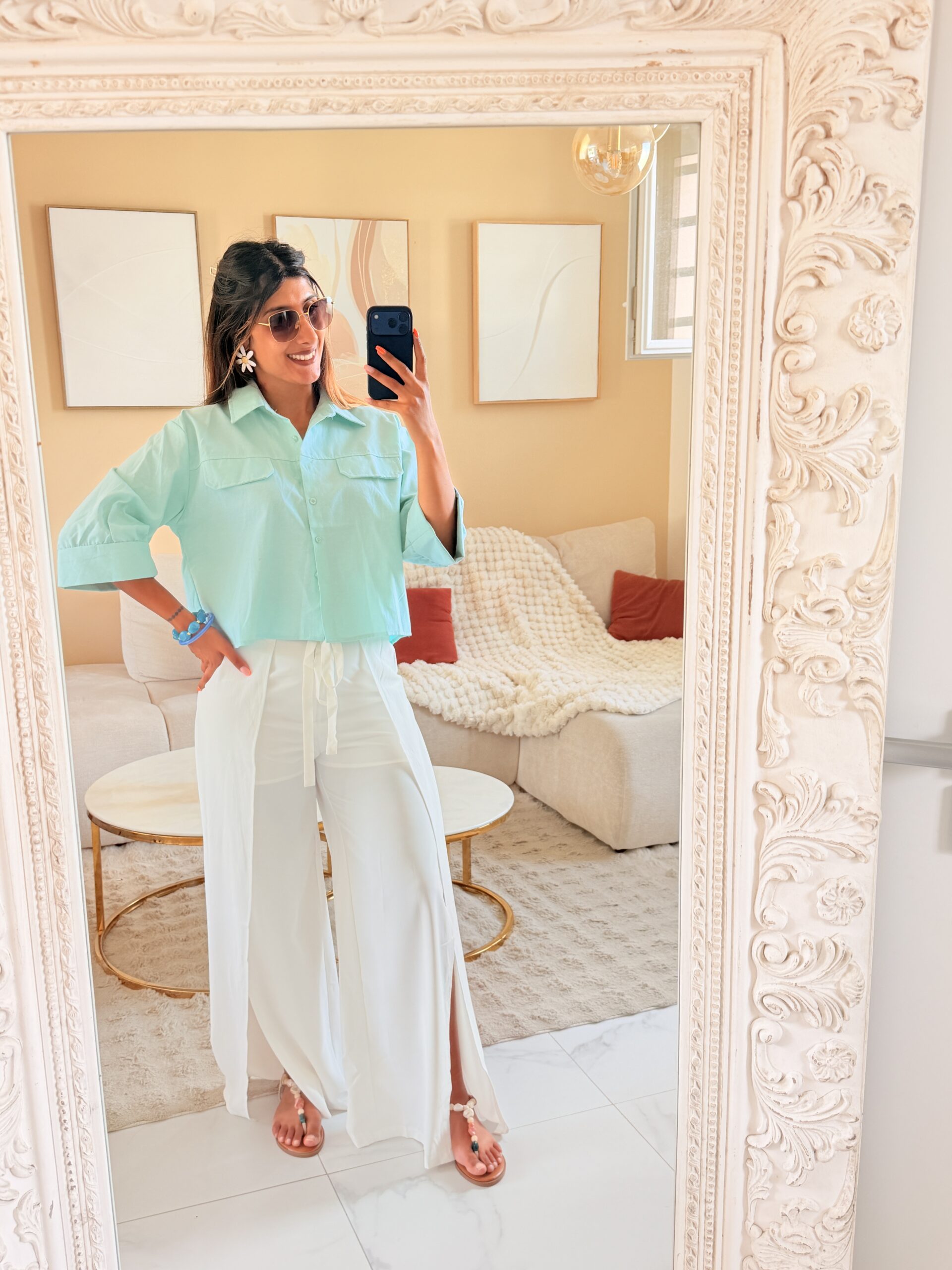 Pantalon palazzo Élégance blanc fendue – Image 3